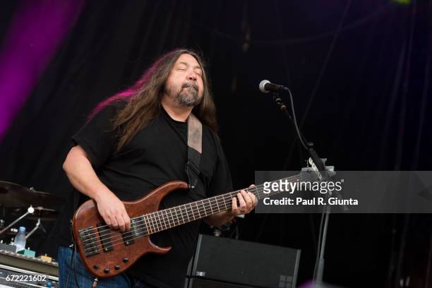 Dave Schools of Widespread Panic performs on stage during 2017 SweetWater 420 Fest at Olympic Centennial Park on April 23, 2017 in Atlanta, Georgia.