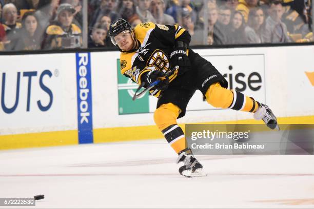 David Pastrnak of the Boston Bruins shoots the puck against the Ottawa Senators in Game Six of the Eastern Conference First Round during the 2017 NHL...