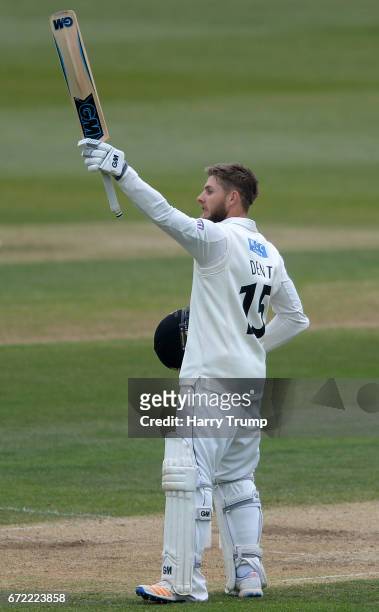 Chris Dent of Gloucestershire celebrates his century during the Specsavers County Championship Division Two match between Gloucestershire and Durham...