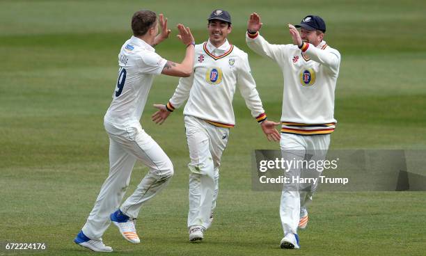 Brydon Carse of Durham celebrates the wicket of George Hankins of Gloucestershire during the Specsavers County Championship Division Two match...
