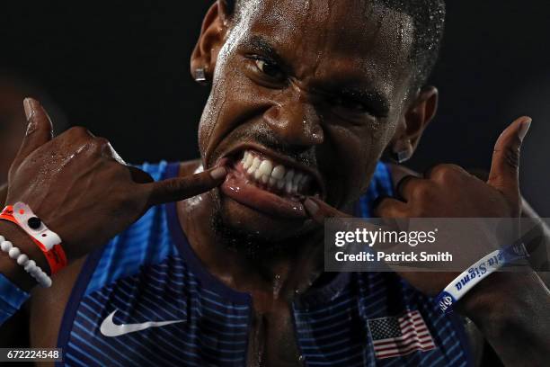 David Verburg of the USA celebrates after placing first in the Men's 4x400 Metres Relay Final during the IAAF/BTC World Relays Bahamas 2017 at Thomas...