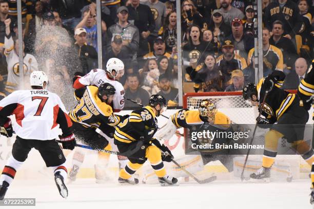 Tuukka Rask of the Boston Bruins makes a save against the Ottawa Senators in Game Six of the Eastern Conference First Round during the 2017 NHL...