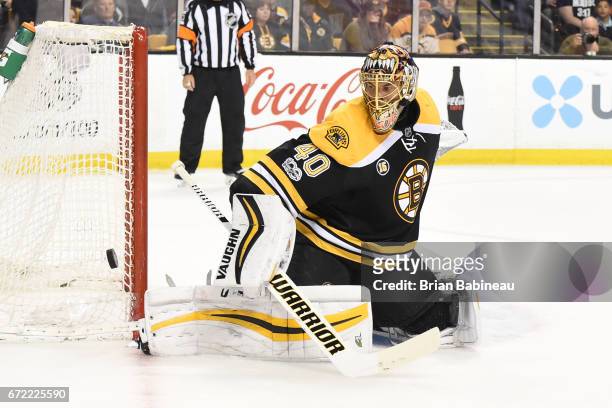 Tuukka Rask of the Boston Bruins deflects the puck against the Ottawa Senators in Game Six of the Eastern Conference First Round during the 2017 NHL...