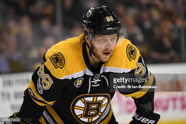 David Pastrnak of the Boston Bruins waits for a face off against the Ottawa Senators in Game Six of the Eastern Conference First Round during the...