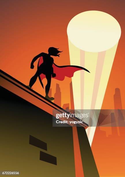 woman superhero with distress call signal searchlight - searchlight stock illustrations