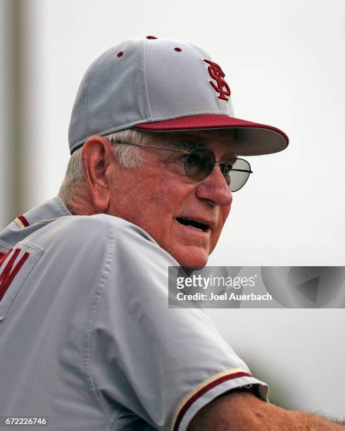 April 23: Head coach Mike Martin of the Florida State Seminoles watches second inning action against the Miami Hurricanes on April 23, 2017 at Alex...