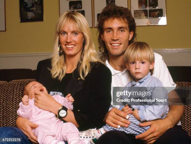 Pat Cash of Australia with his girlfriend Anne-Britt Kristiansen, son Daniel and baby daughter Mia at home, circa 1988.