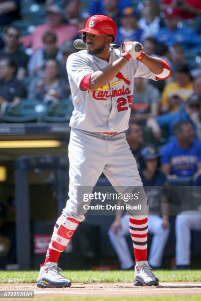 Dexter Fowler of the St. Louis Cardinals bats in the first inning against the Milwaukee Brewers at Miller Park on April 23, 2017 in Milwaukee,...