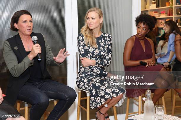 Of Marketing at Hulu Jenny Wall and actors Yvonne Strahovski and Samira Wiley speak on a panel during a VIP screening of the Original Series "The...