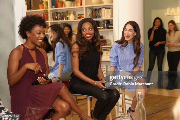 Actress Samira Wiley, Women's March National Co-Chair Tamika Mallory, and co-founder at The Wing Audrey Gelman speak on a panel during a VIP...