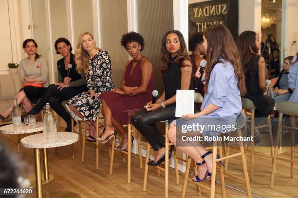 Beatrice Springborn, Jenny Wall, Yvonne Strahovski, Samira Wiley, Tamika Mallory, and Audrey Gelman speak on a panel during a VIP screening of the...