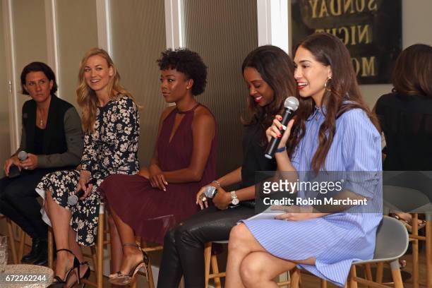 Jenny Wall, Yvonne Strahovski, Samira Wiley, Tamika Mallory, and Audrey Gelman speak on a panel during a VIP screening of the Original Series "The...