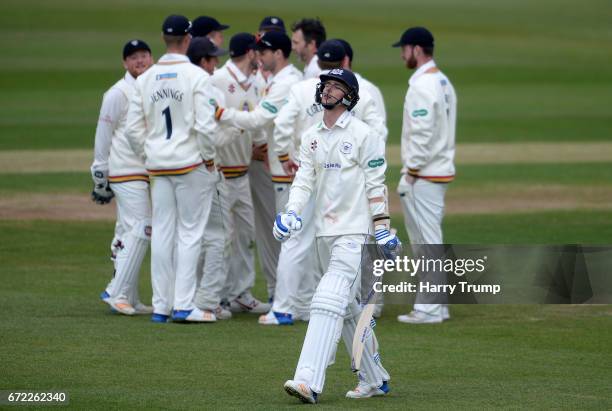 Graham Onions of Durham celebrates the wicket of Craig Miles of Gloucestershire during the Specsavers County Championship Division Two match between...