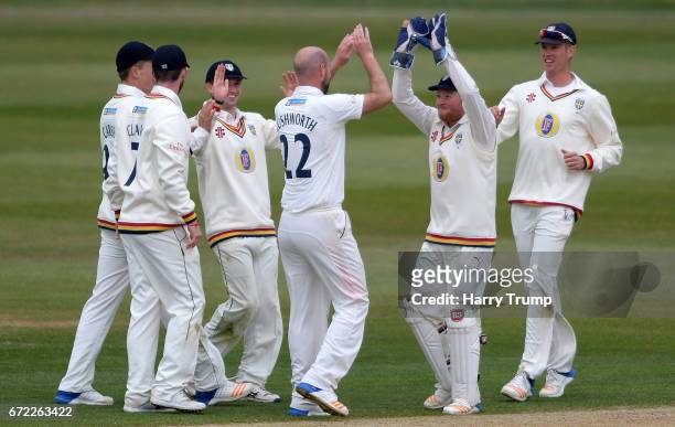 Chris Rushworth of Durham celebrates after dismissing Jack Taylor of Gloucestershire during the Specsavers County Championship Division Two match...