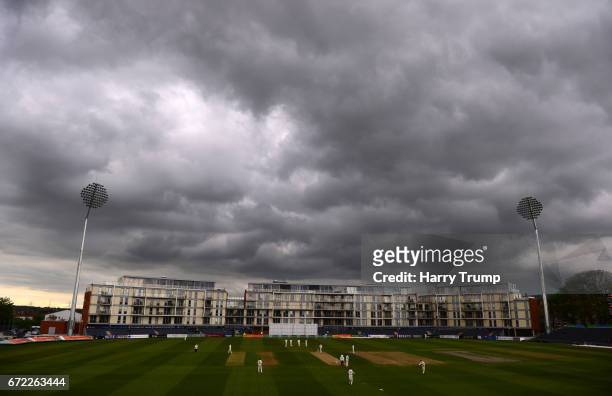 General view as dark skies surround the ground during the Specsavers County Championship Division Two match between Gloucestershire and Durham at The...