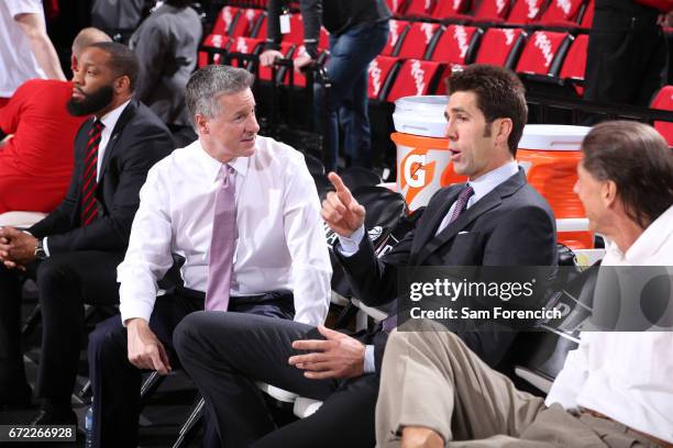 Neil Olshey of the Portland Trail Blazers and Bob Myers of the Golden State Warriors attend Game Three of the Western Conference Quarterfinals of the...