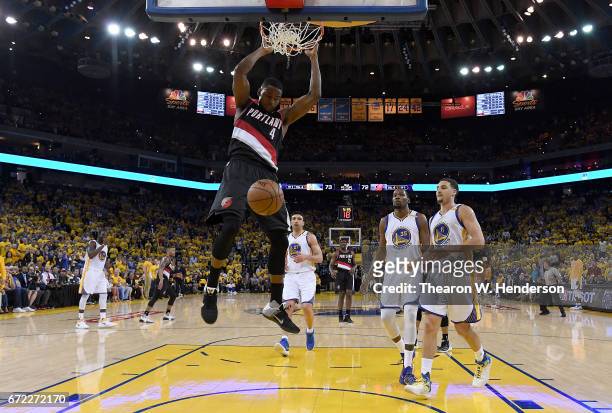 Maurice Harkless of the Portland Trail Blazers slam dunks the ball against the Golden State Warriors in the third quarter during Game One of the...