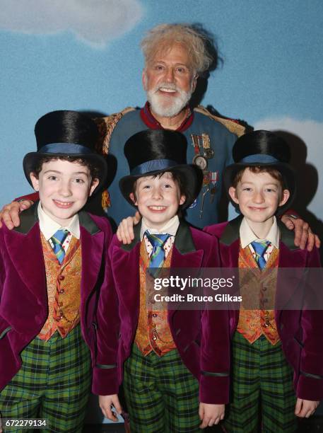 John Rubenstein as "Grandpa Joe" poses with the 3 "Charlies" Jake Ryan Flynn, Ryan Foust and Ryan Sell backstage on opening night of the new musical...