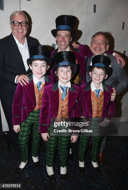 Lyricist Scott Wittman, Christian Borle as "Willy Wonka" and Composer Marc Shaiman pose with the 3 "Charlies" Jake Ryan Flynn, Ryan Foust and Ryan...