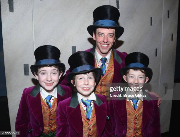 Christian Borle as "Willy Wonka" poses with the 3 "Charlies" Jake Ryan Flynn, Ryan Foust and Ryan Sell backstage on opening night of the new musical...