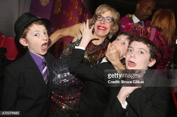 Jackie Hoffman poses with the 3 "Charlies" Jake Ryan Flynn, Ryan Foust and Ryan Sell at the opening night after party for the new musical "Charlie...