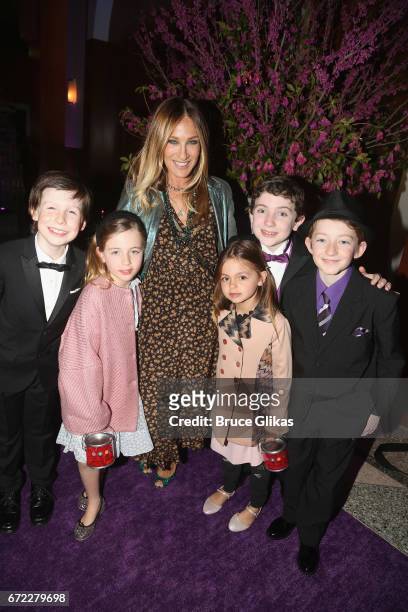 Sarah Jessica Parker and daughters Tabitha Broderick and Marion Broderick pose with the 3 "Charlies" Jake Ryan Flynn, Ryan Foust and Ryan Sell at the...