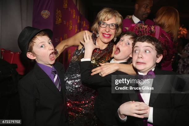 Jackie Hoffman poses with the 3 "Charlies" Jake Ryan Flynn, Ryan Foust and Ryan Sell at the opening night after party for the new musical "Charlie...