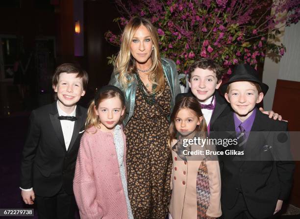 Sarah Jessica Parker and daughters Tabitha Broderick and Marion Broderick pose with the 3 "Charlies" Jake Ryan Flynn, Ryan Foust and Ryan Sell at the...