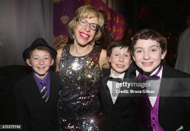 Jackie Hoffman poses with the 3 "Charlies" Jake Ryan Flynn, Ryan Foust and Ryan Sell at the opening night after party for the new musical "Charlie...