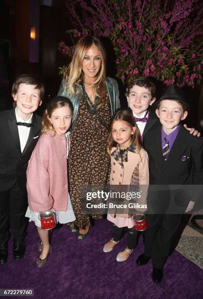 Sarah Jessica Parker and daughters Tabitha Broderick and Marion Broderick pose with the 3 "Charlies" Jake Ryan Flynn, Ryan Foust and Ryan Sell at the...