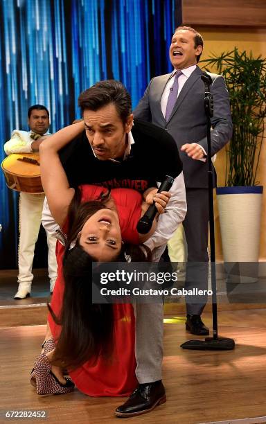 Salma Hayek and Eugenio Derbez arrive to Despierta America studio to promote the film "How To Be A Latin Lover" on April 24, 2017 in Miami, Florida.