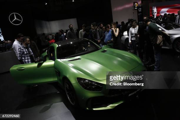An AMG GT supercar sits on a display to mark 50 years of AMG, a division of Mercedes-Benz AG, at the Istanbul Autoshow in Buyukcekmece, Turkey, on...