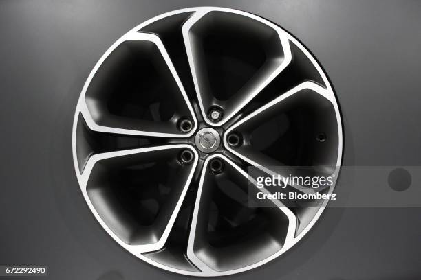An alloy wheel hub design for an Adam Opel AG automobile sits on display at the Istanbul Autoshow in Buyukcekmece, Turkey, on Sunday, April 23, 2017....