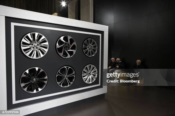 Alloy wheel hub designs for Adam Opel AG automobiles sit on display at the Istanbul Autoshow in Buyukcekmece, Turkey, on Sunday, April 23, 2017. The...