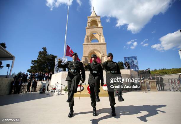 Soldiers march in review during the ceremony marking the 102nd anniversary of the Canakkale Land Battles, in Canakkale, Turkey on April 24, 2017.