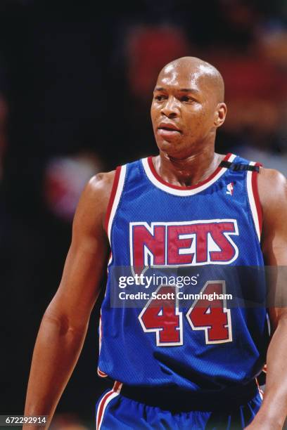 Derrick Coleman of the New Jersey Nets walks against the Atlanta Hawks during a game played circa 1990 at the Omni in Atlanta, Georgia. NOTE TO USER:...