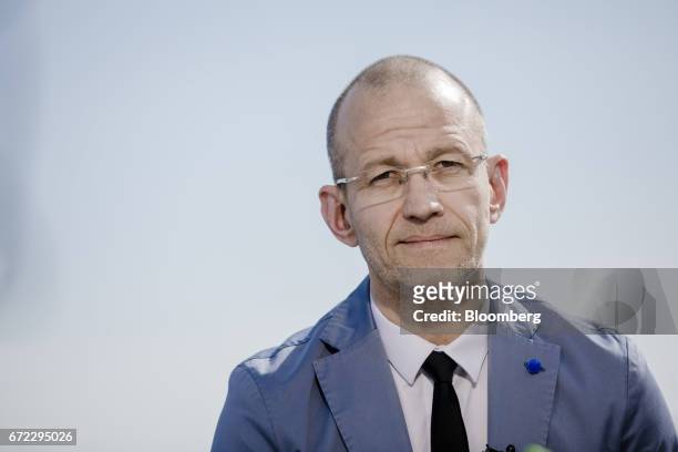 Mikael Sala, economic adviser to French presidential candidate Marine Le Pen, looks on during a Bloomberg Television interview in Paris, France, on...
