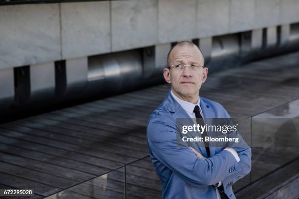 Mikael Sala, economic adviser to French presidential candidate Marine Le Pen, poses for a photograph ahead of a Bloomberg Television interview in...