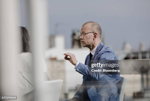 Mikael Sala, economic adviser to French presidential candidate Marine Le Pen, speaks during a Bloomberg Television interview in Paris, France, on...