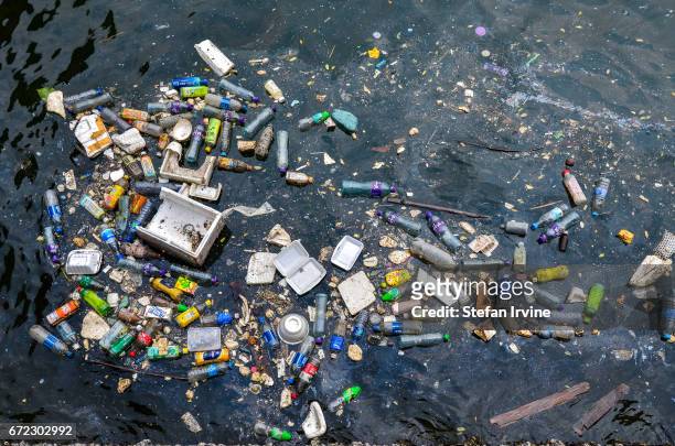 Floating plastic and styrofoam trash polluting a corner of Victoria Harbour, Hong Kong.