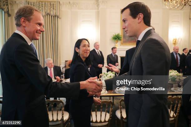 Jared Kushner , son-in-law and senior advisor to U.S. President Donald Trump, greets guests while hosting ambassadors from the 15 country members of...