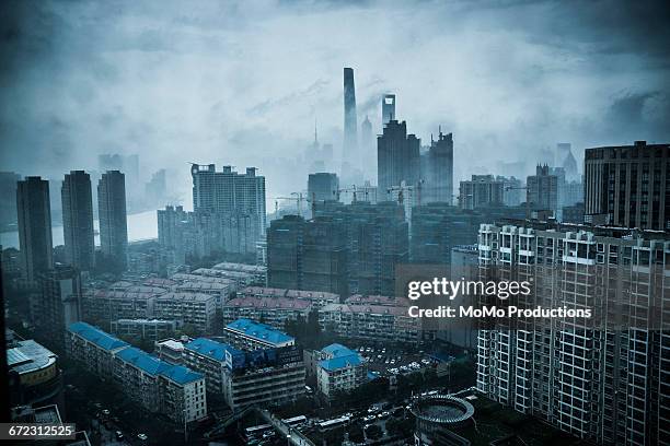 cityscape of shanghai - smog stock-fotos und bilder