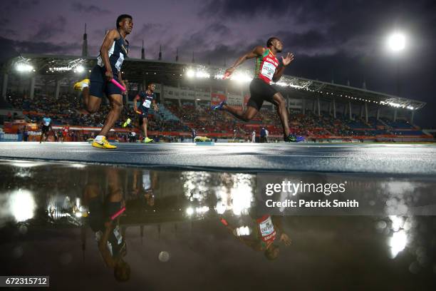 Delwayne Delaney of Saint Kitts and Nevis competes in the heat two of the Men's 4x200 Metres Relay during the IAAF/BTC World Relays Bahamas 2017 at...