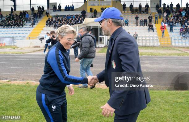 Head coach of Italy women's U16 Massimo Migliorini shakes hands with Cecile Locatelli head coach of France women's U16 during the 2nd Female...