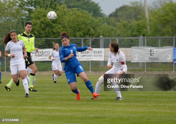 Marta Morreale of Italy women's U16 competes with Clara Moreira of France women's U16 during the 2nd Female Tournament 'Delle Nazioni' match between...