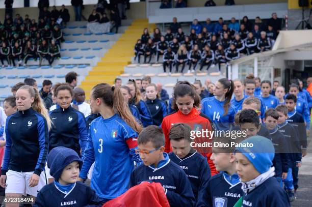 Italy women's U16 and France women's U16 enter on the pitch before the 2nd Female Tournament 'Delle Nazioni' match between Italy U16 and France U16...