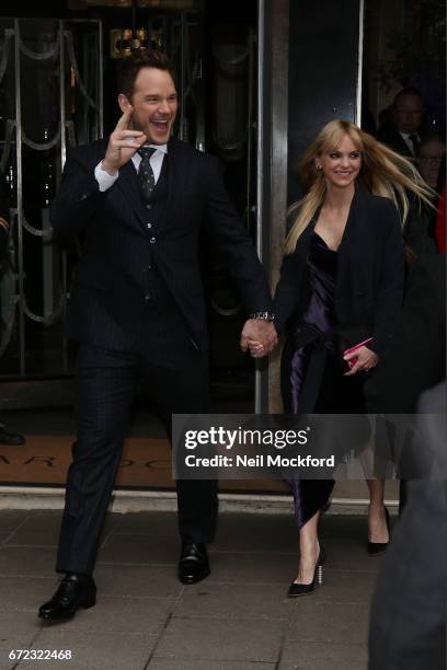 Chris Pratt and Anna Faris seen leaving Claridges Hotel to attend the Guardians of the Galaxy Vol. 2 screening on April 24, 2017 in London, England.