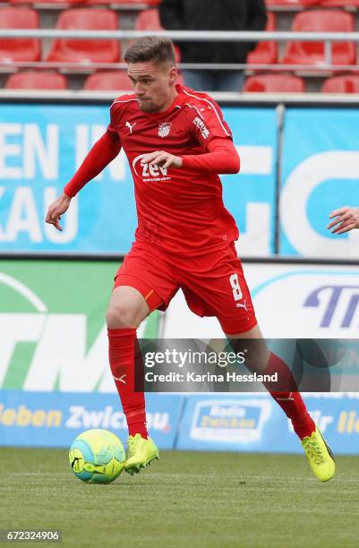 Jonas Nietfeld of Zwickau during the Third League match between FSV Zwickau and Fortuna Koeln on April 23, 2017 at Stadion Zwickau in Zwickau,...