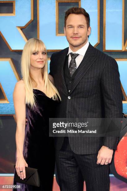 Actor Chris Pratt and his wife actress Anna Faris attend the UK screening of "Guardians of the Galaxy Vol. 2" at Eventim Apollo on April 24, 2017 in...