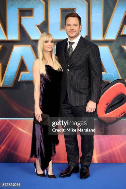 Actor Chris Pratt and his wife actress Anna Faris attend the UK screening of "Guardians of the Galaxy Vol. 2" at Eventim Apollo on April 24, 2017 in...